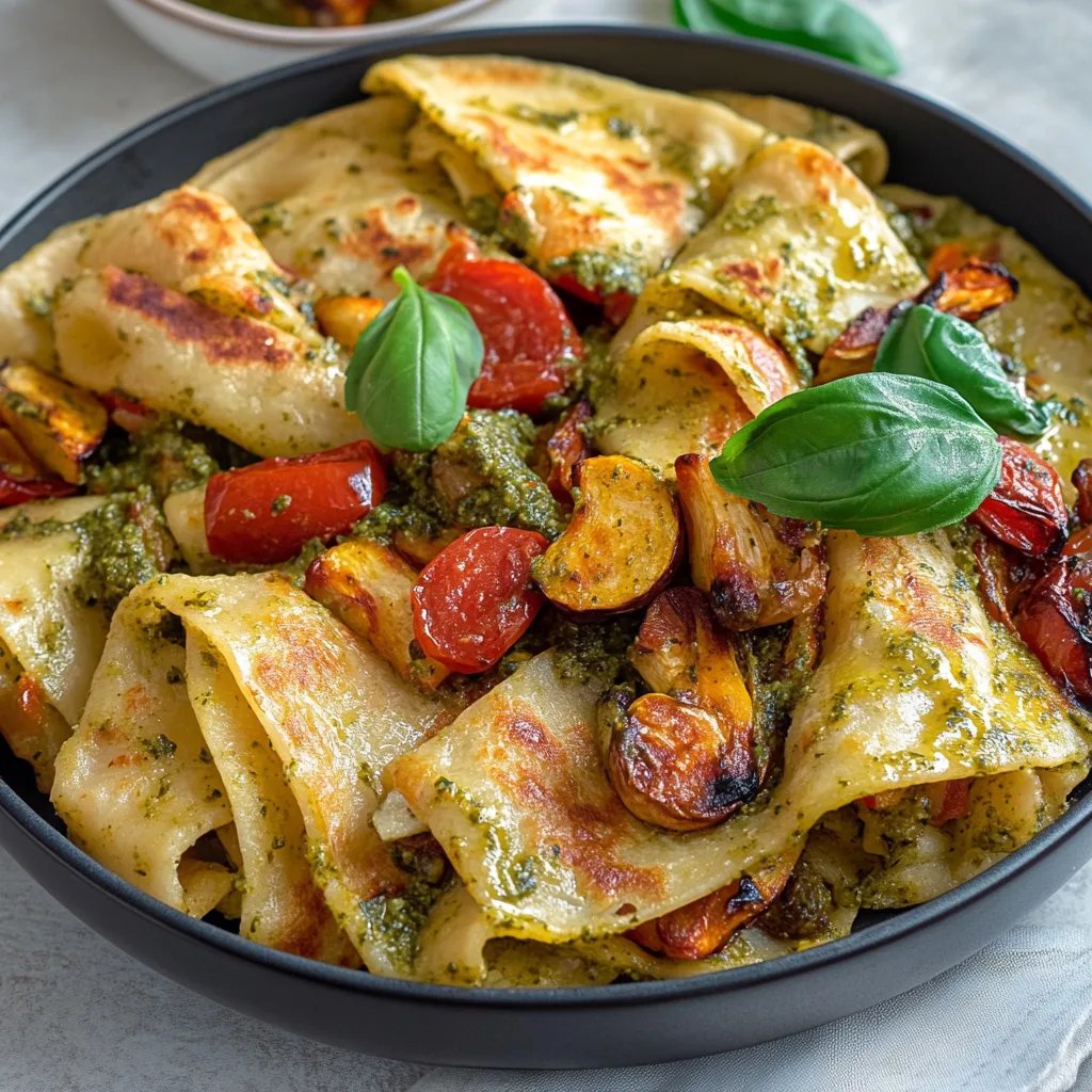 Pasta mit Pesto und geröstetem Gemüse